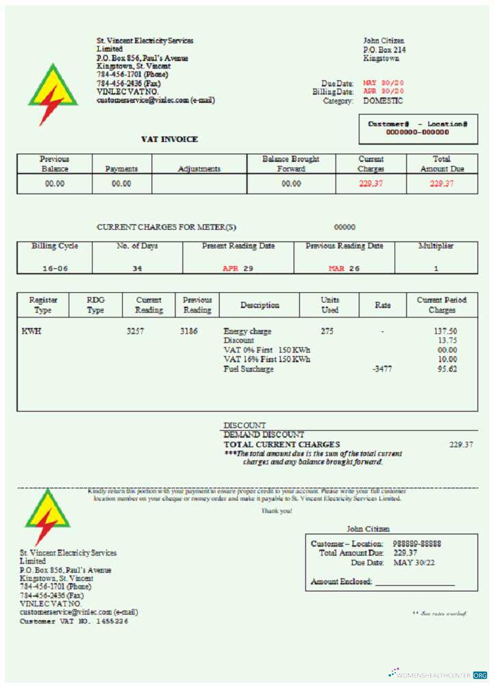 Saint Vincent and the Grenadines St. Vincent Electricity Services Limited utility bill Word and PDF template